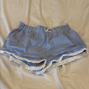 Blue and White Ruffle Trim Women's Shorts